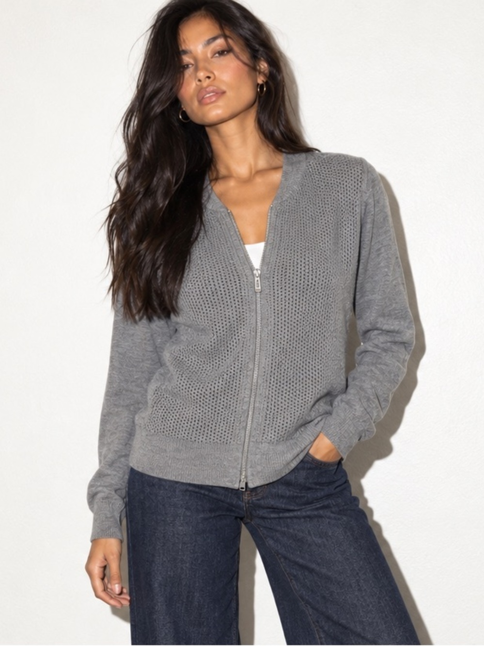 La Vila Milano Gray Open Knit Zip Front Cardigan Size M